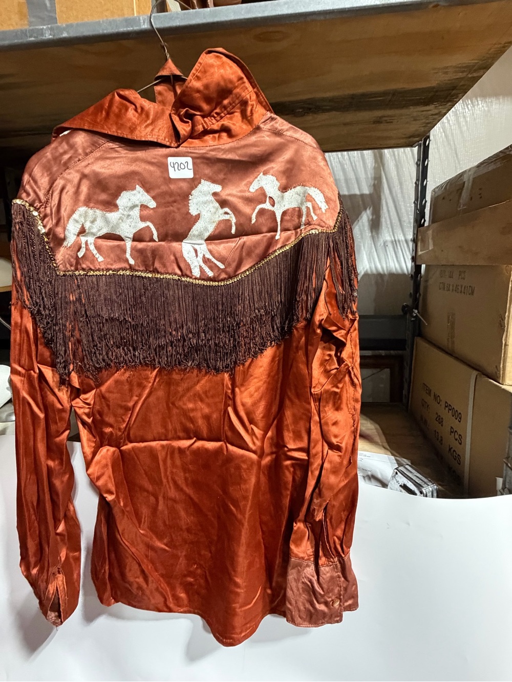 #4202-Rust Orange Western Fringe Men’s Shirt with Horse Motif - Picture 4 of 4